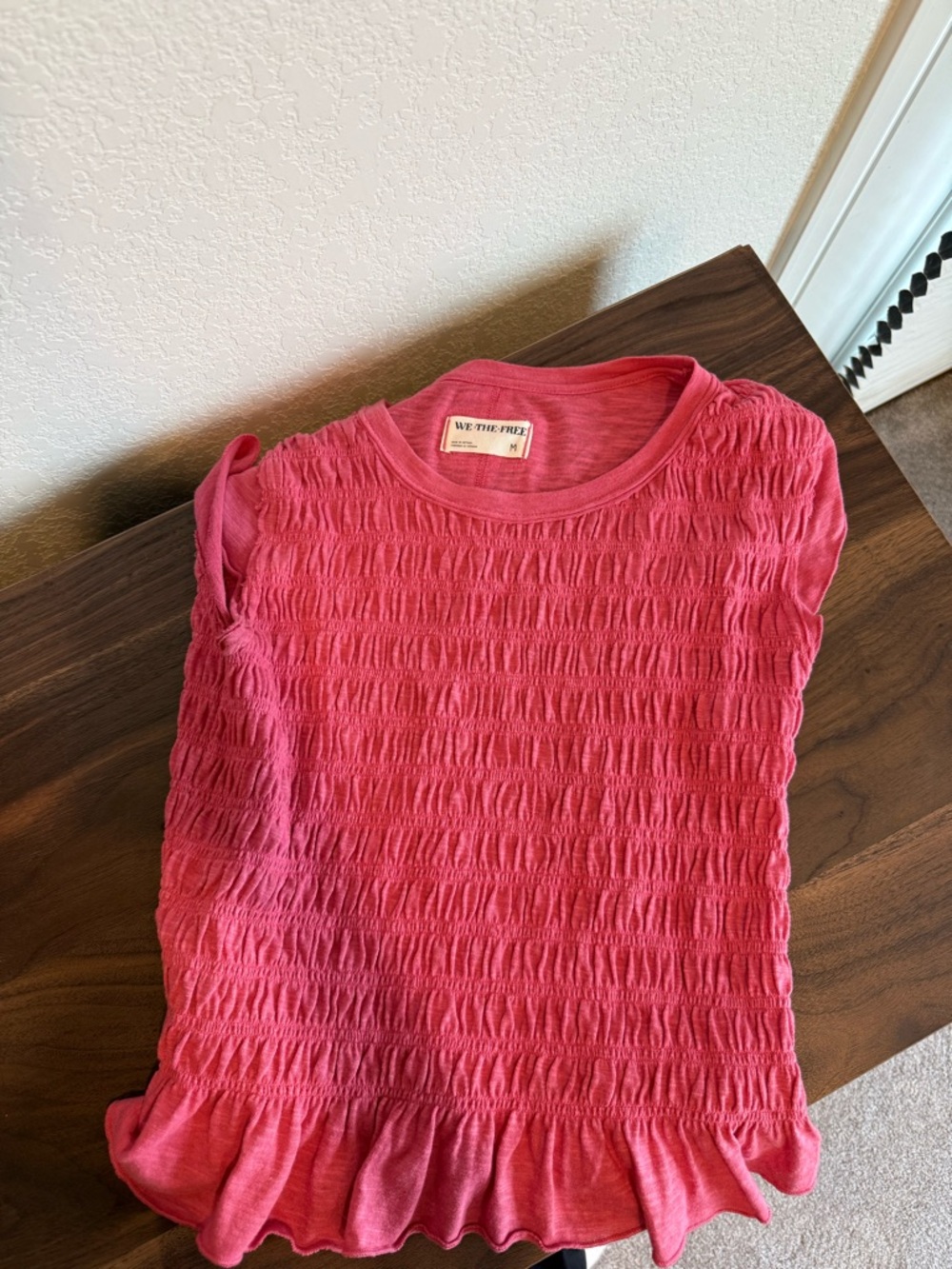 We The Free Coral Pink Smocked Short Sleeve Top